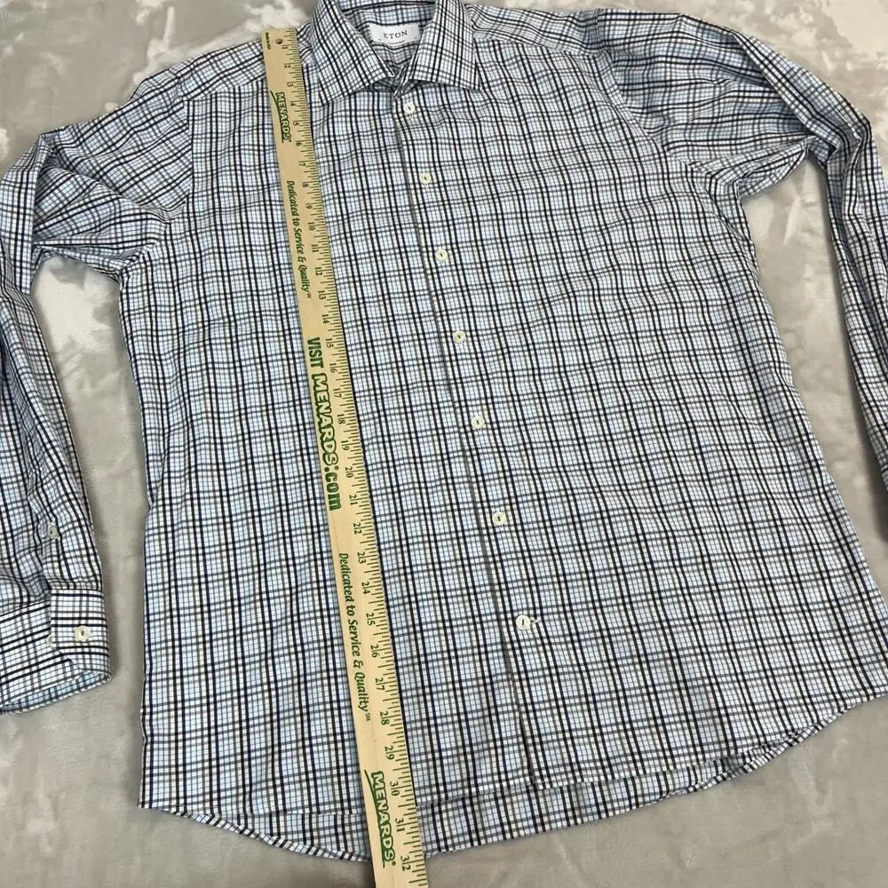Eton Shirt‎ Mens 43 17 Blue Plaid Button Front Career Preppy Business Officewear
